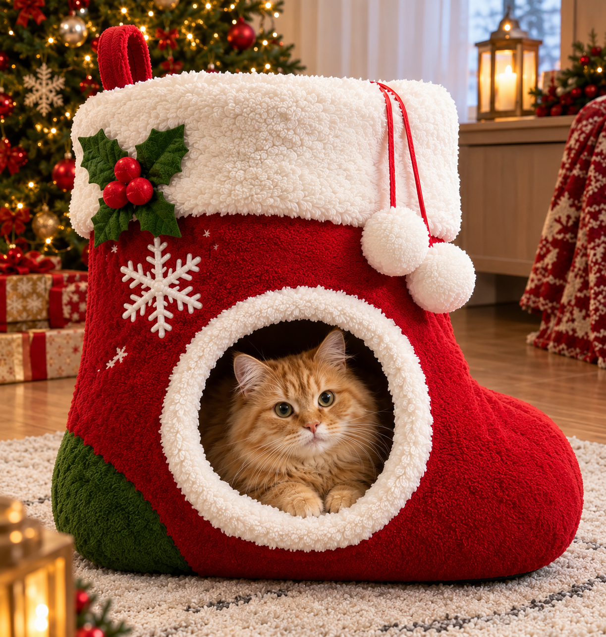 Fluffy cat curled up in a stocking bed