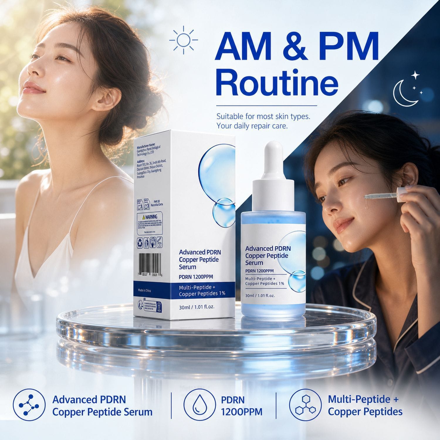 Young woman with glowing hydrated skin applying facial essence