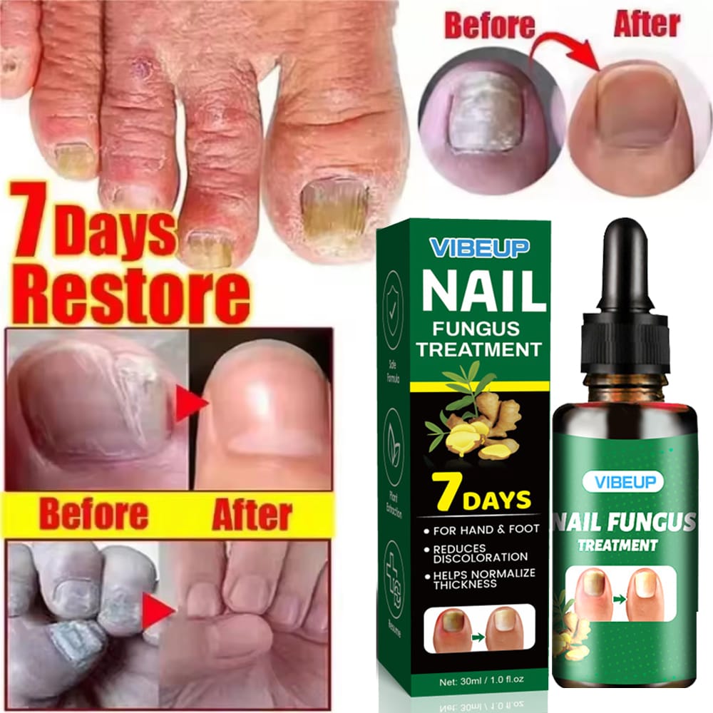 A bottle of restorative nail serum shown next to healthy looking fingernails