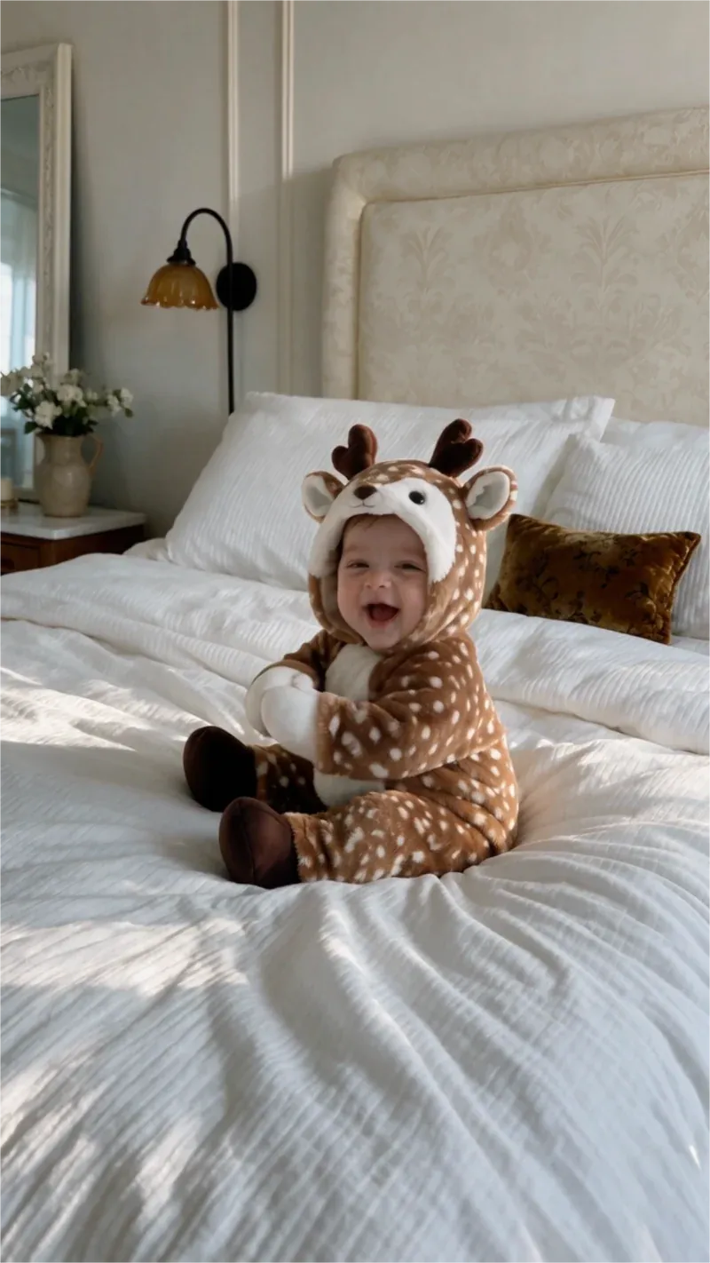 Baby wearing soft reindeer onesie