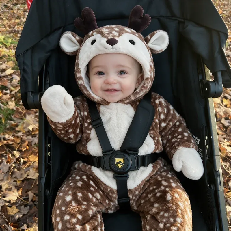 Baby smiling in deer onesie