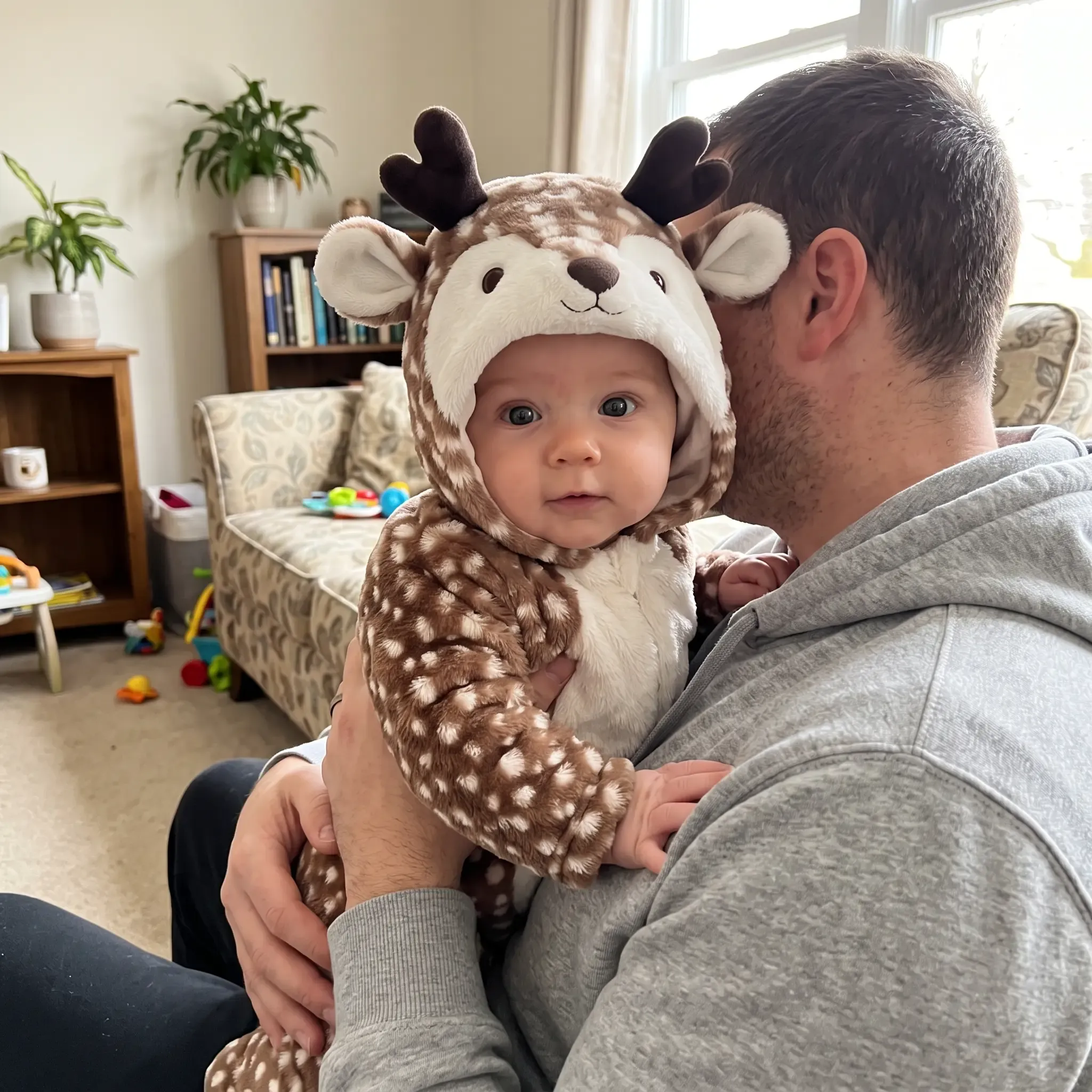 Baby wearing reindeer hood
