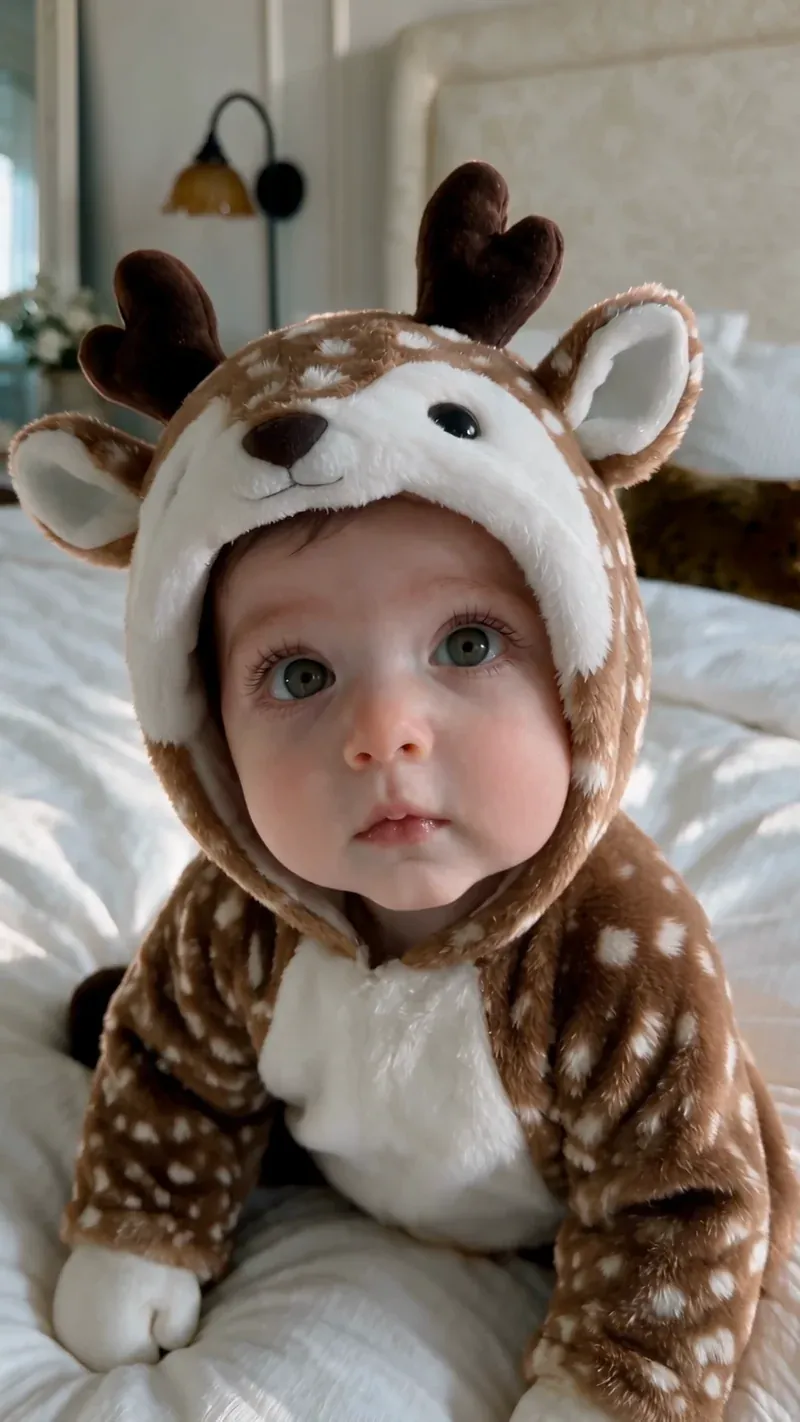 Baby wearing a cute reindeer plush onesie for winter