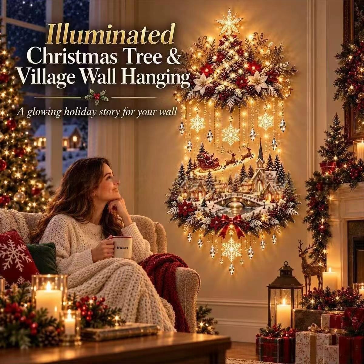 Festive wall-hanging snowy village with warm glowing lights in a cozy living room