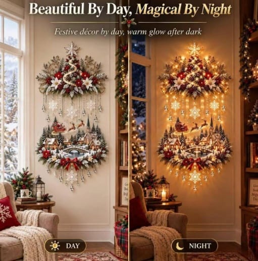 A festive Christmas village display mounted on a living room wall looking cozy