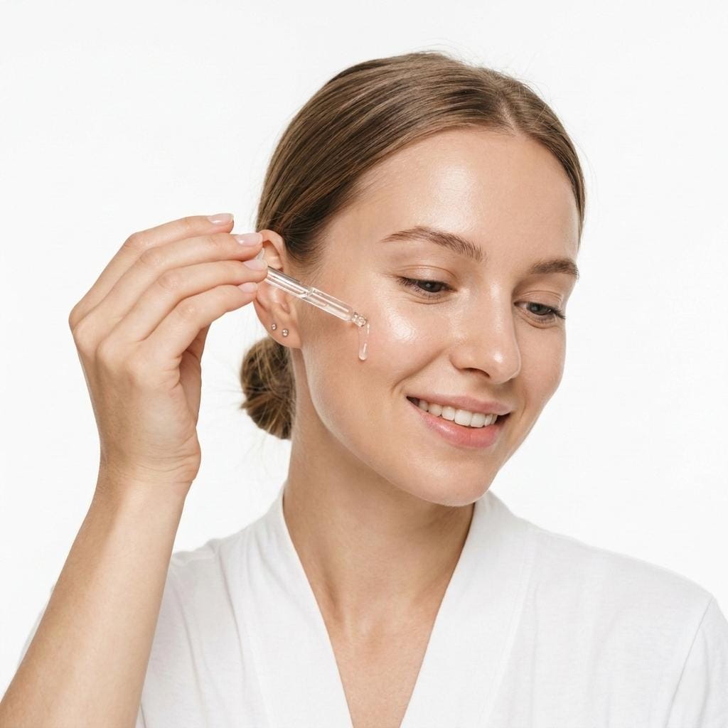 Woman applying serum to her clean face