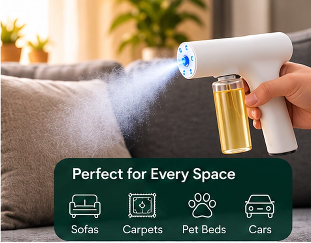 Atomizing gun cleaning fabric fibers to remove pet odors