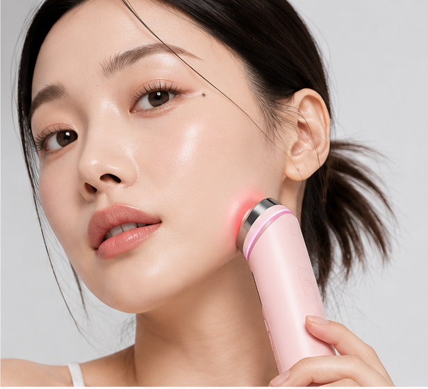 Woman using professional light therapy device for glowing skin