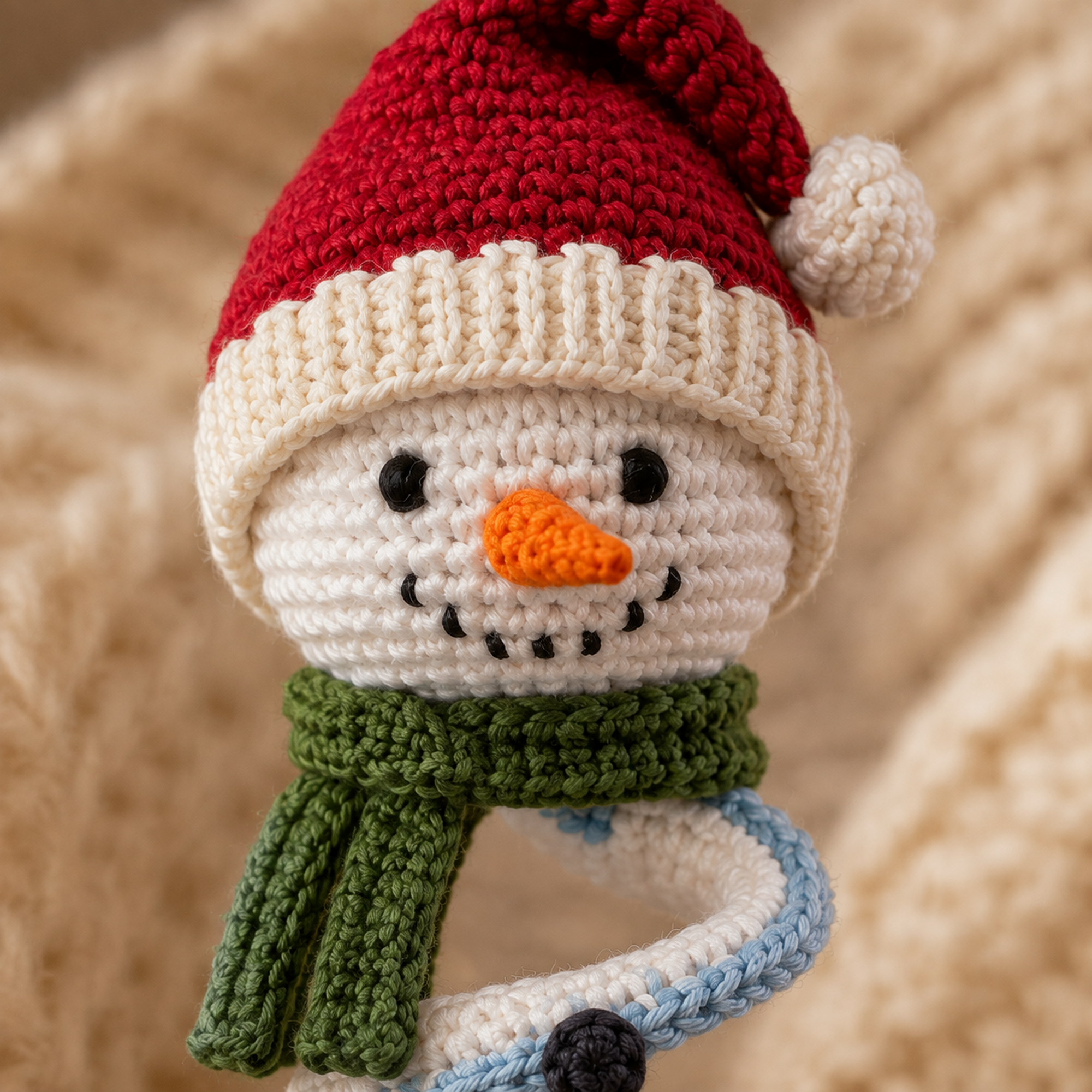 Classic Christmas snowman crochet pattern with red Santa hat