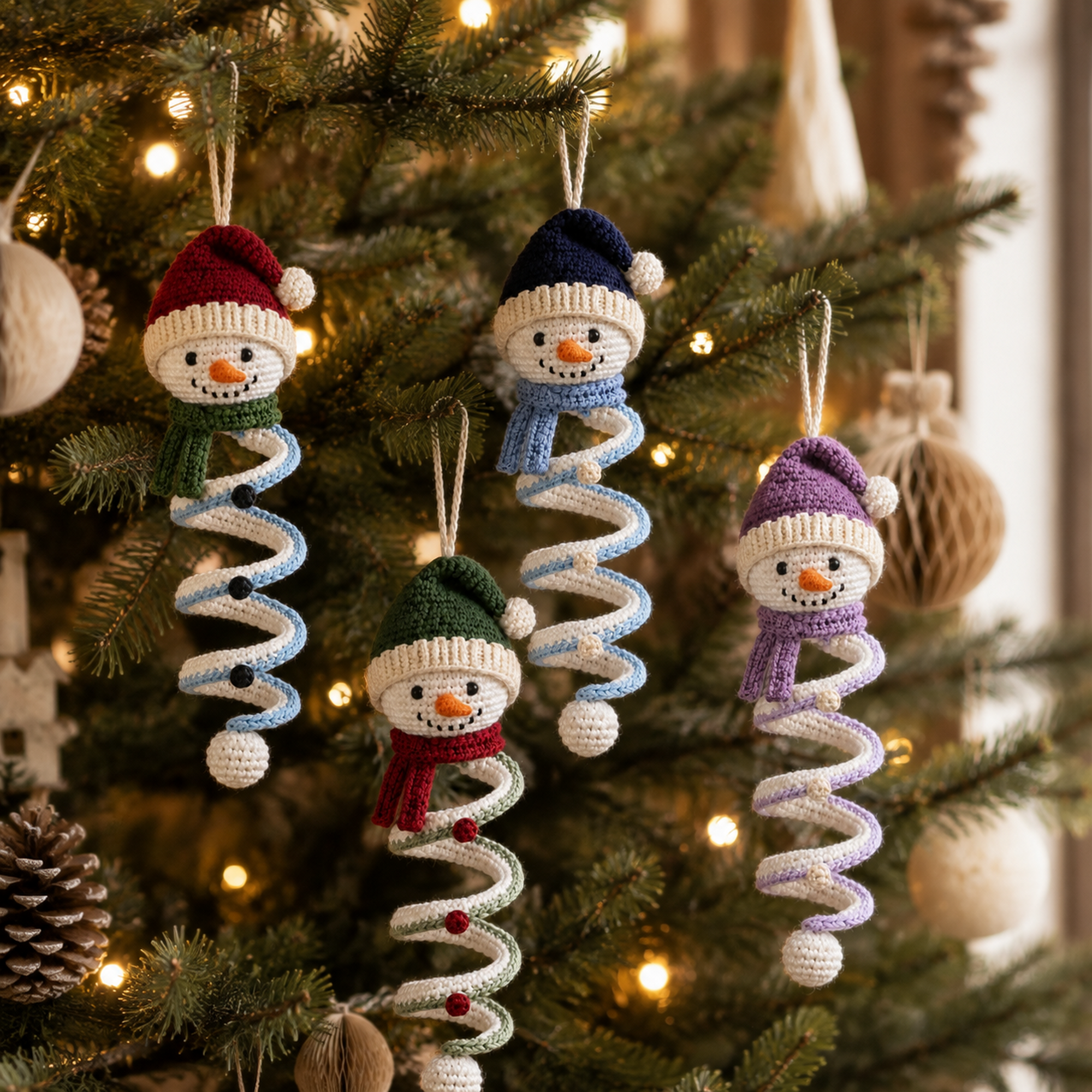 Four adorable crochet snowman ornaments