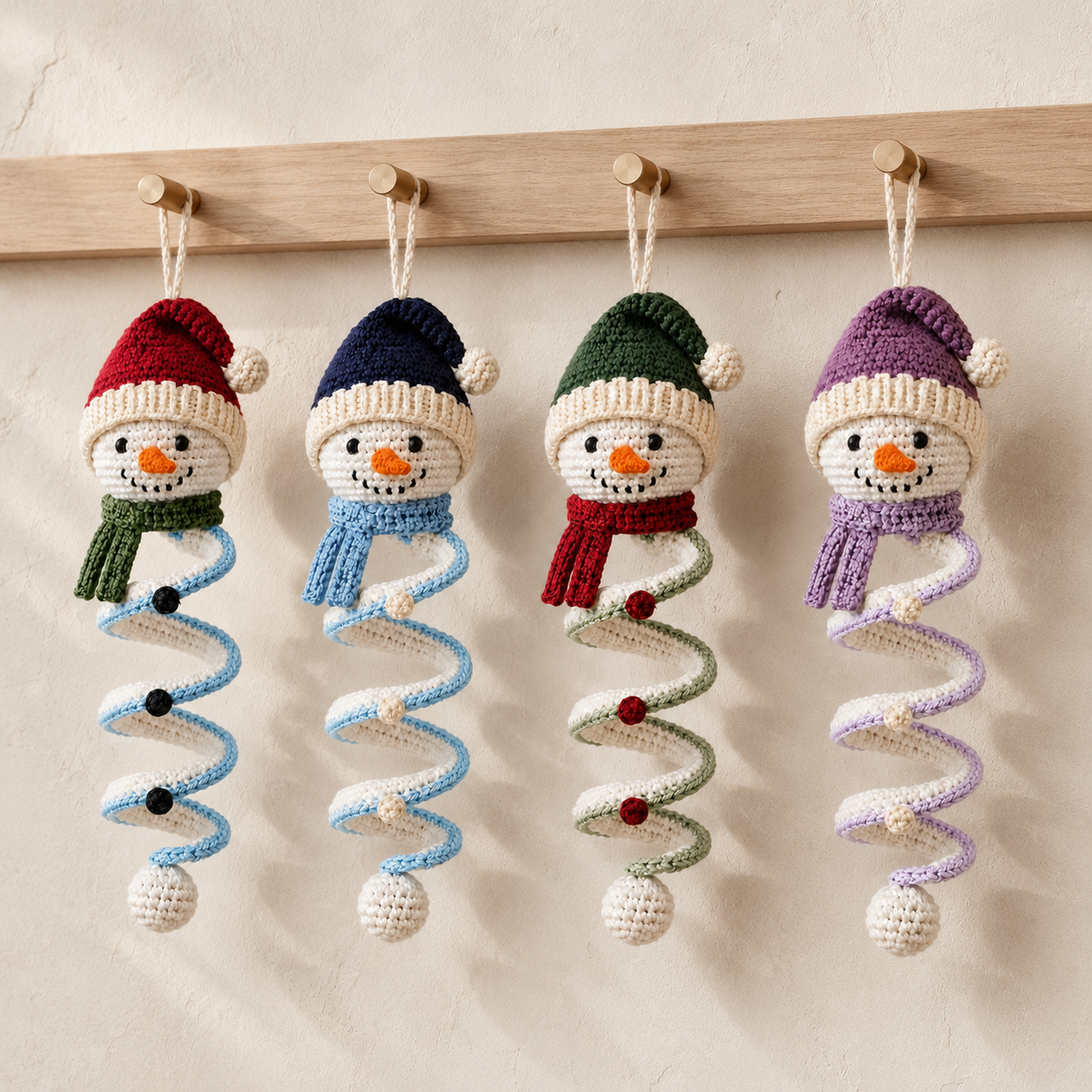 Set of four handmade crochet snowman spiral ornaments for Christmas decorations