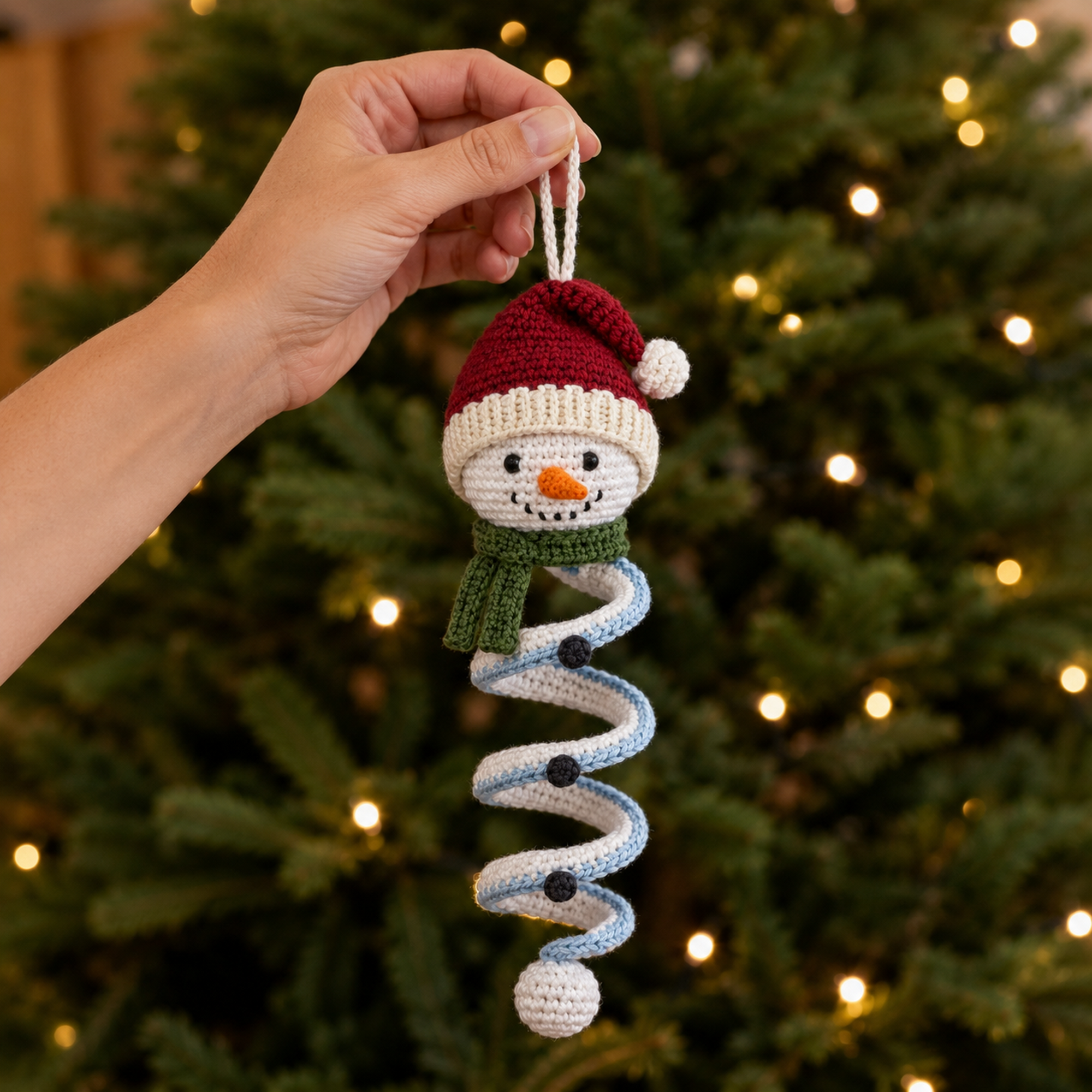 Whimsical lavender winter snowman with intricate spiral crochet design