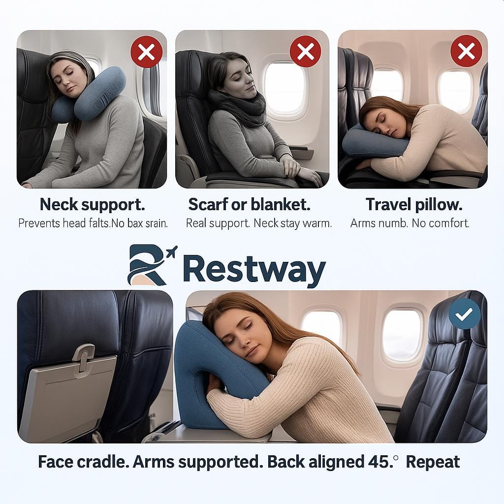 A person comfortably resting on a Restway inflatable travel pillow during a long flight.