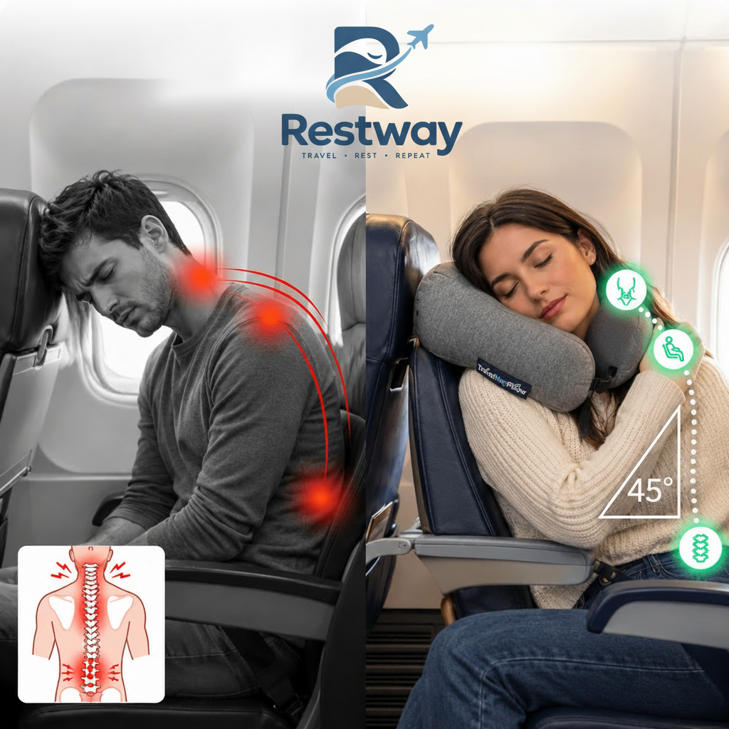 Restway inflatable travel pillow in use.