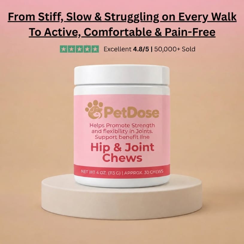 Happy dog enjoying a natural calming dental chew