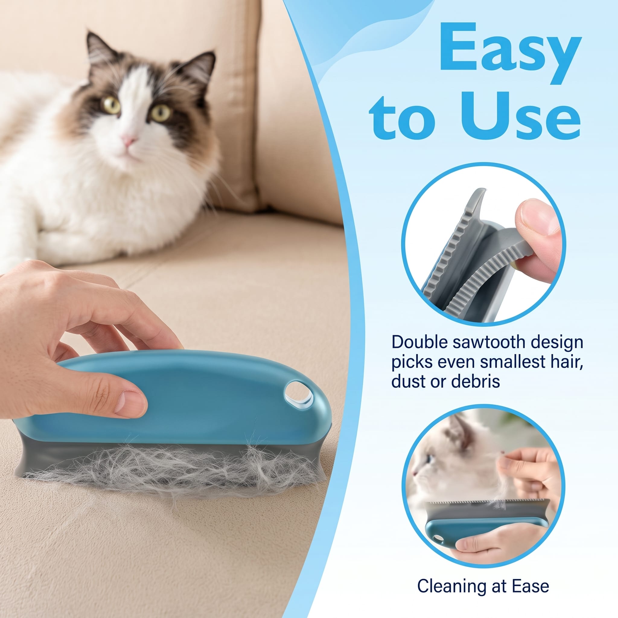 Close up of pet hair being removed from a sofa