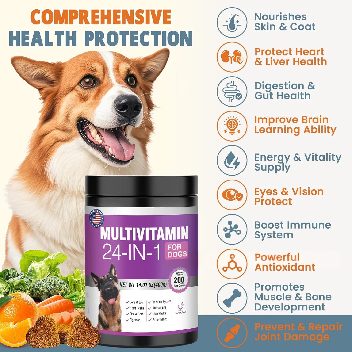 A healthy, happy dog enjoying a daily nutritional chew supplement.