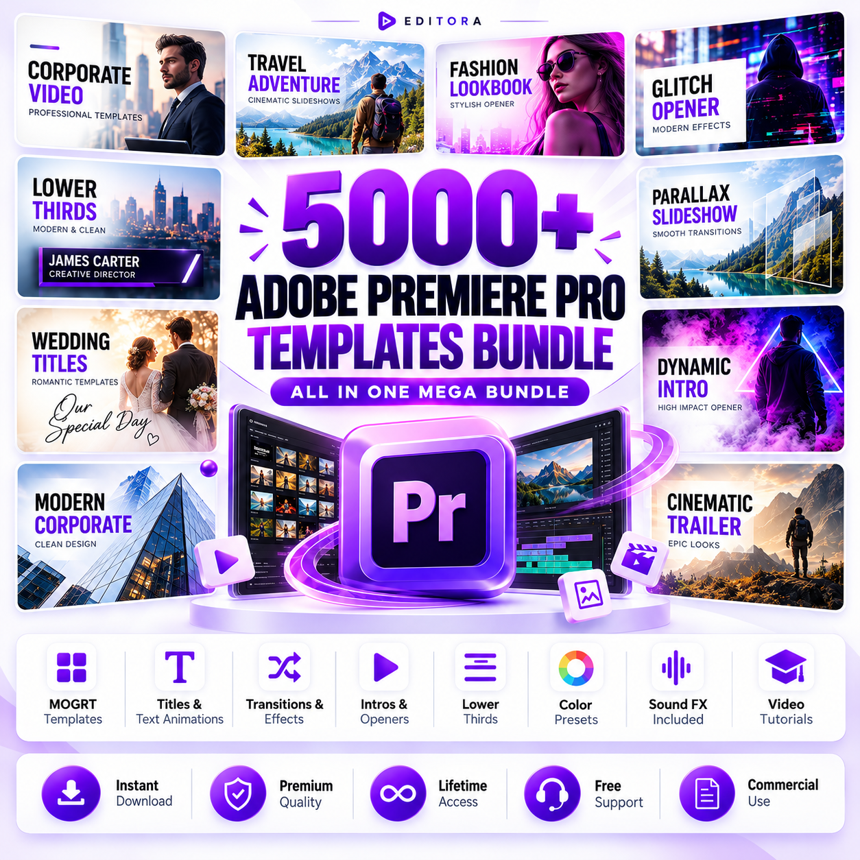 Premiere Pro video editing templates bundle for professional content creators