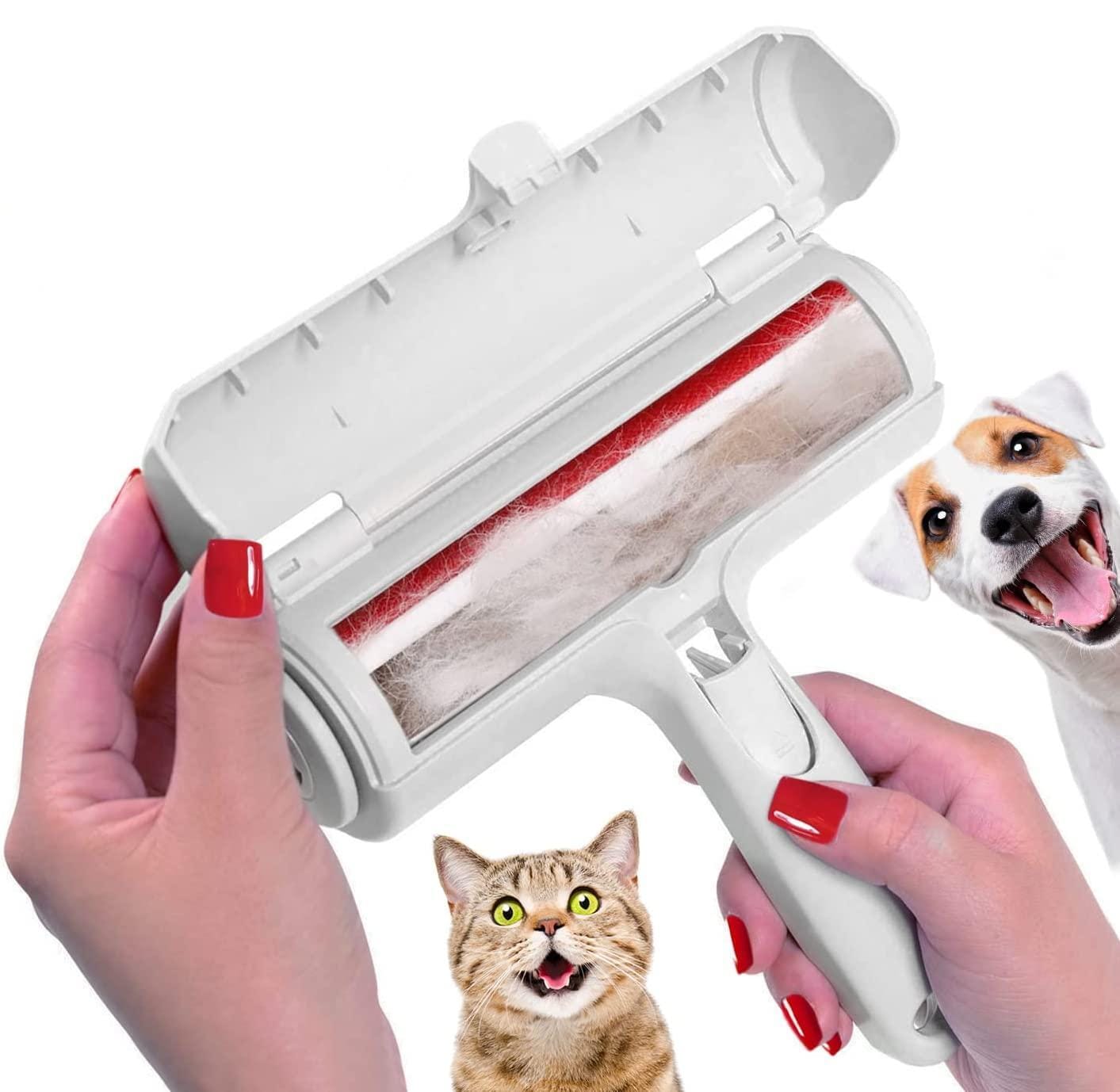 Pet hair roller removing fur from a sofa