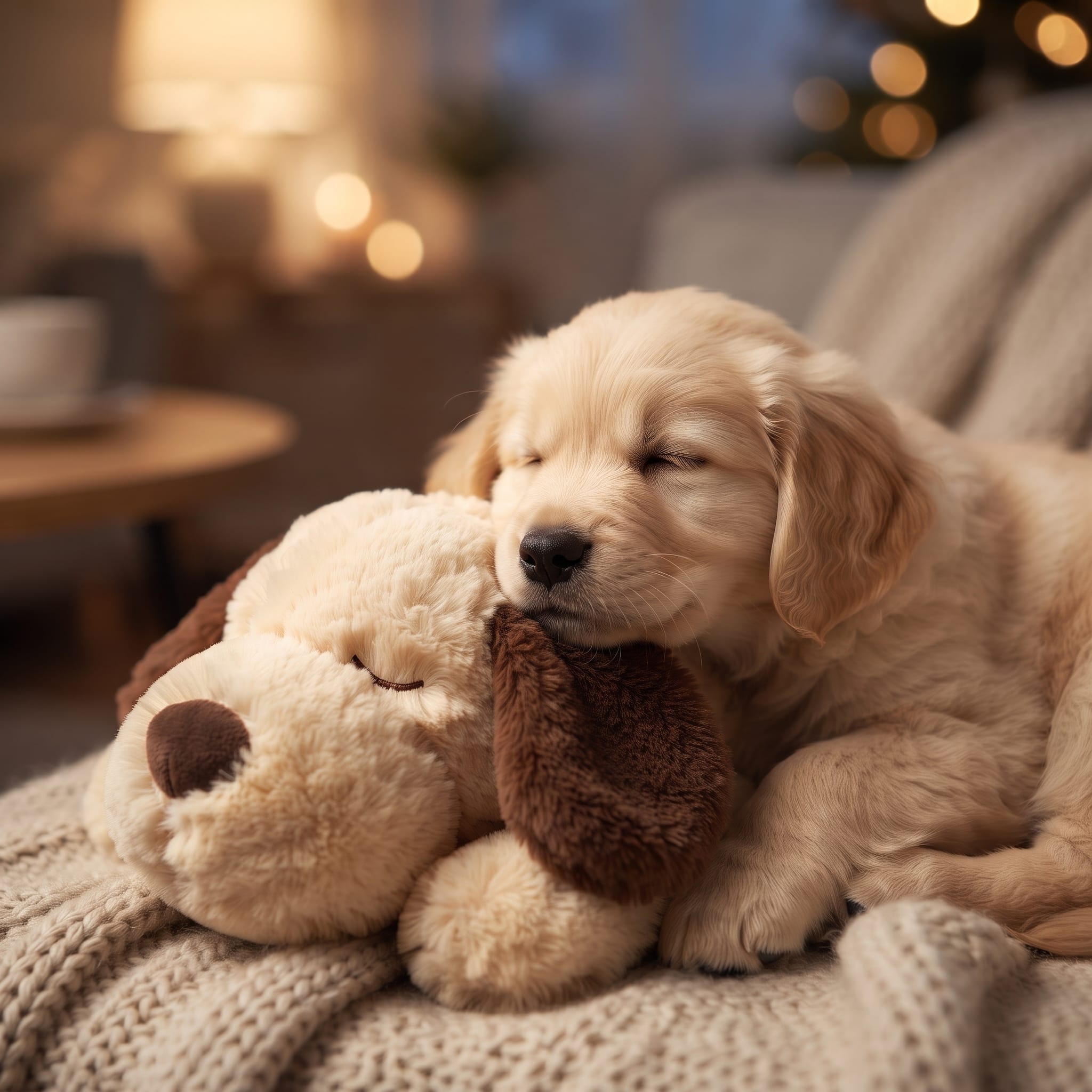 CalmPup plush toy resting in a cozy dog bed
