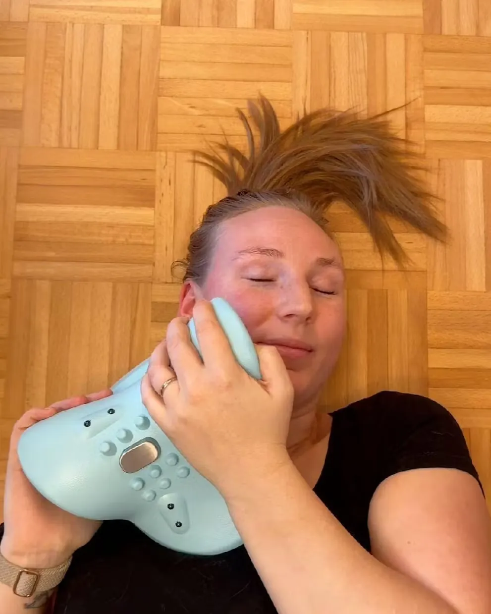 Woman smiling with neck pillow