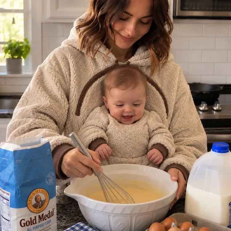 Mother wearing Hugwear hoodie with baby in autumn
