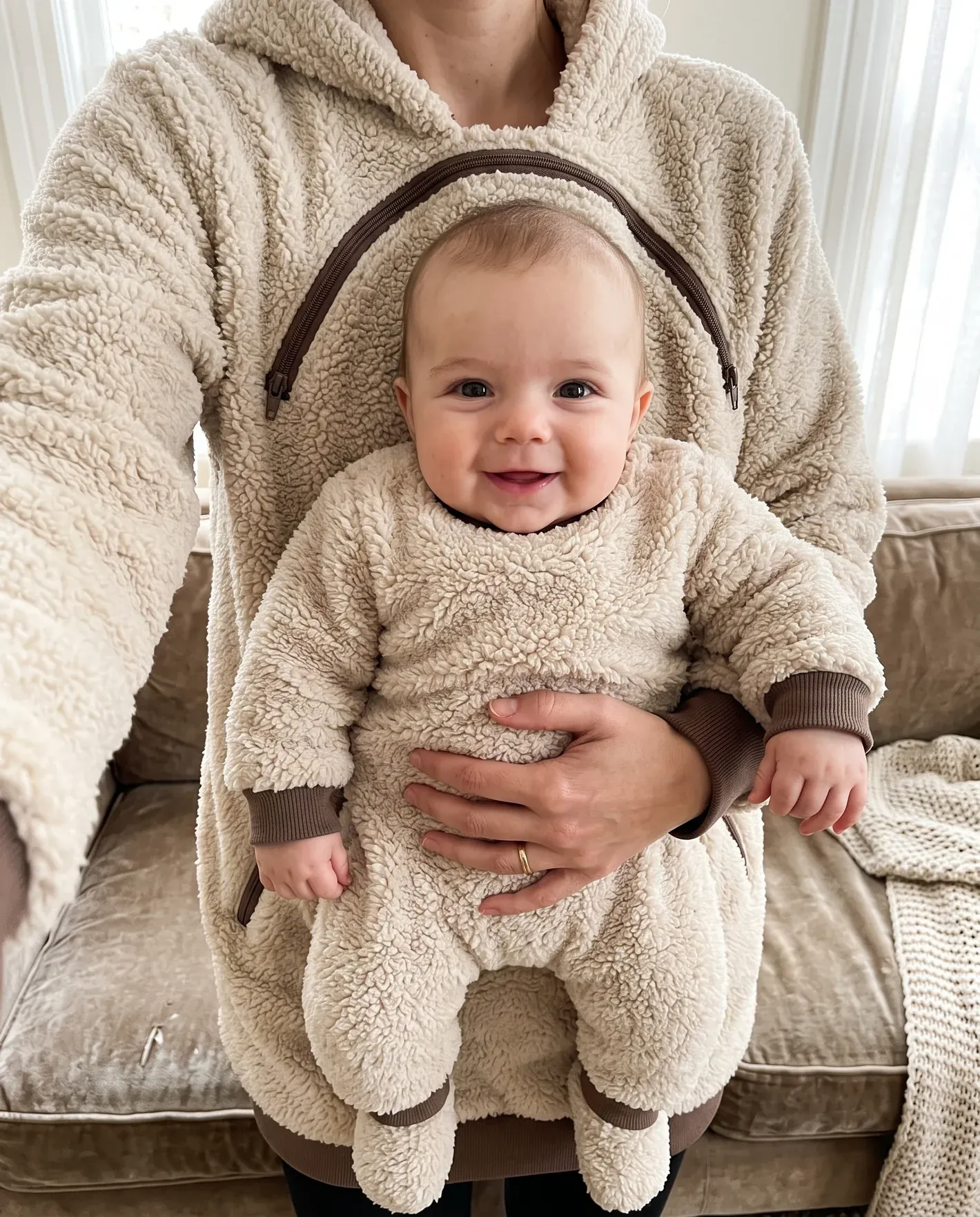 Father relaxing on couch with baby in mocha hoodie