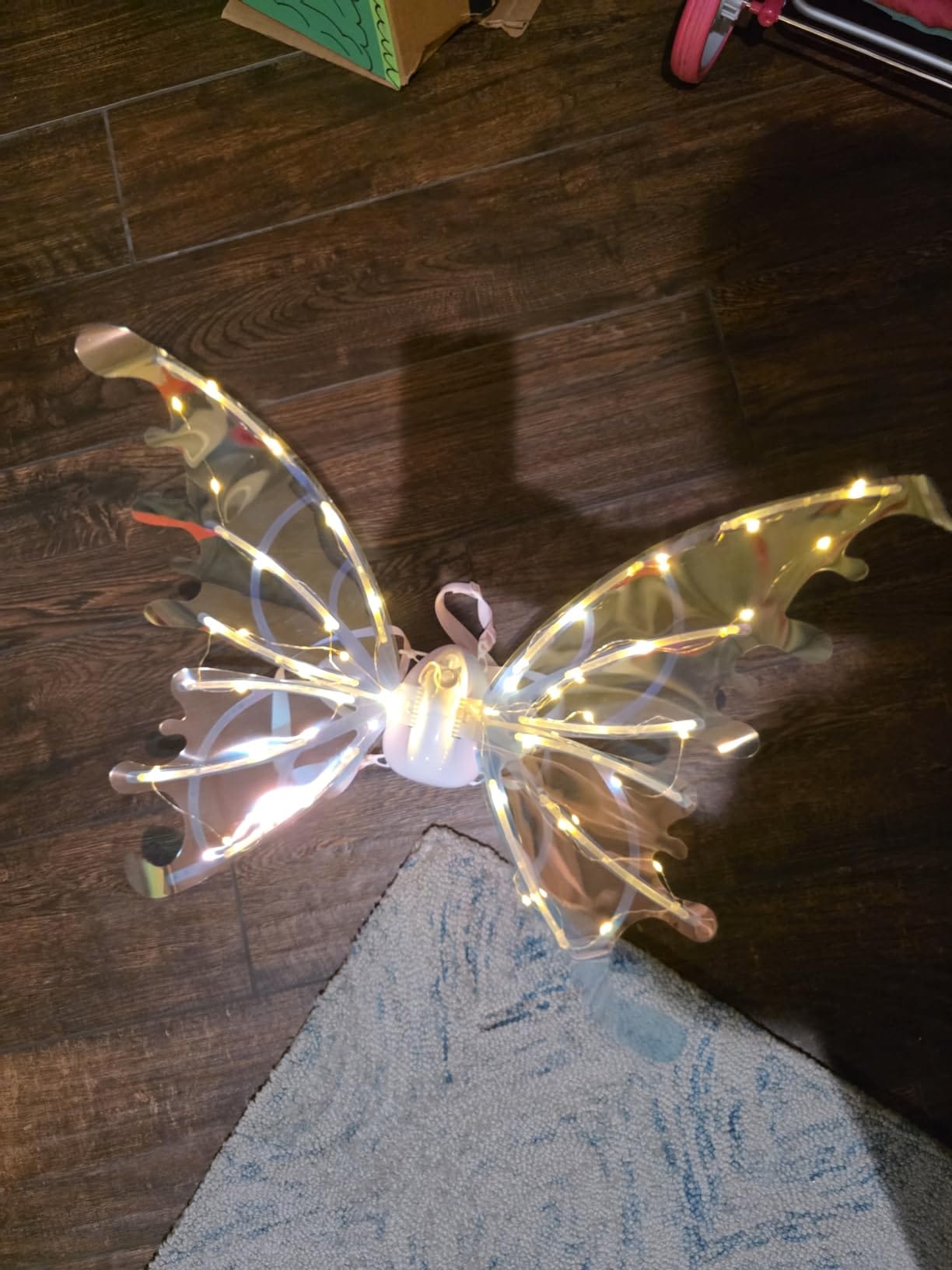 Child wearing butterfly fairy wings outdoors