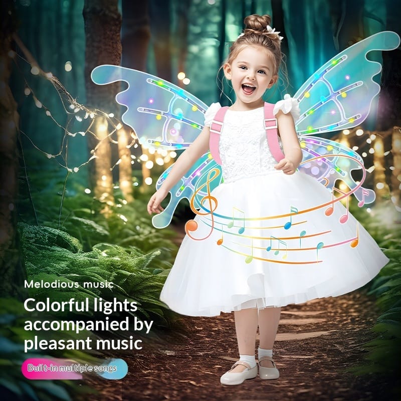 Child posing with colorful fairy wings
