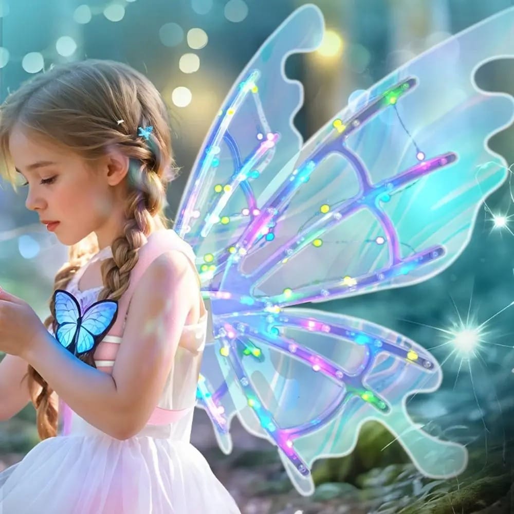Little girl wearing shimmering fairy wings