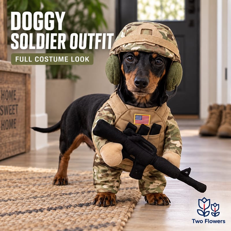 Pet wearing a full body soldier camouflage costume