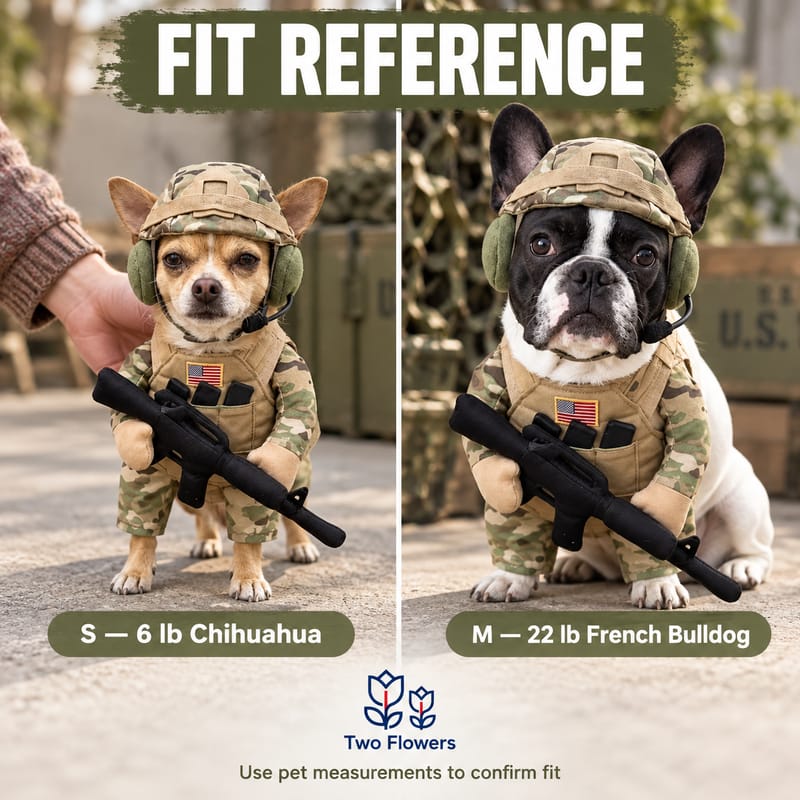 Pet wearing camouflage costume in a park