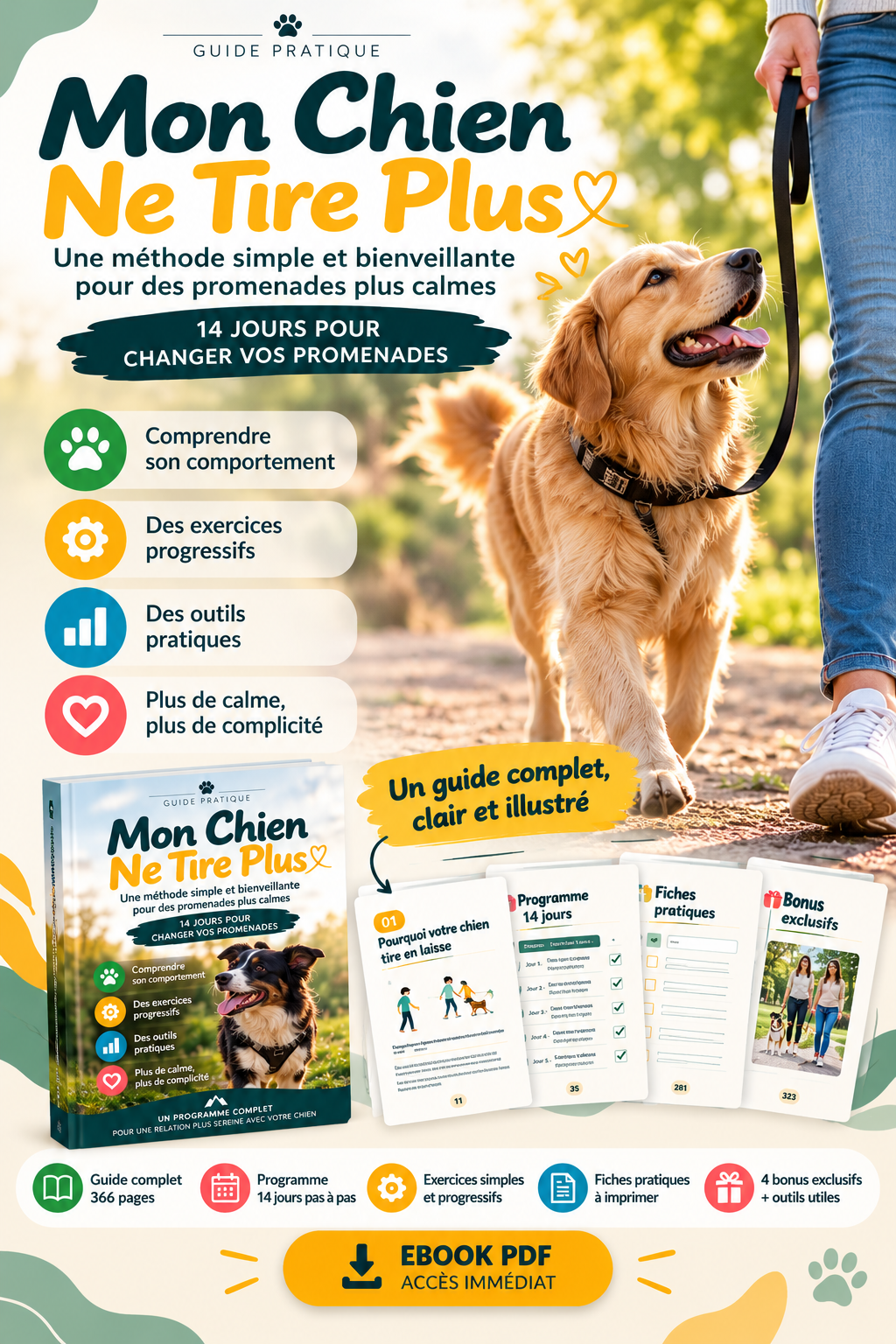 Chien marchant calmement en laisse avec son propriétaire