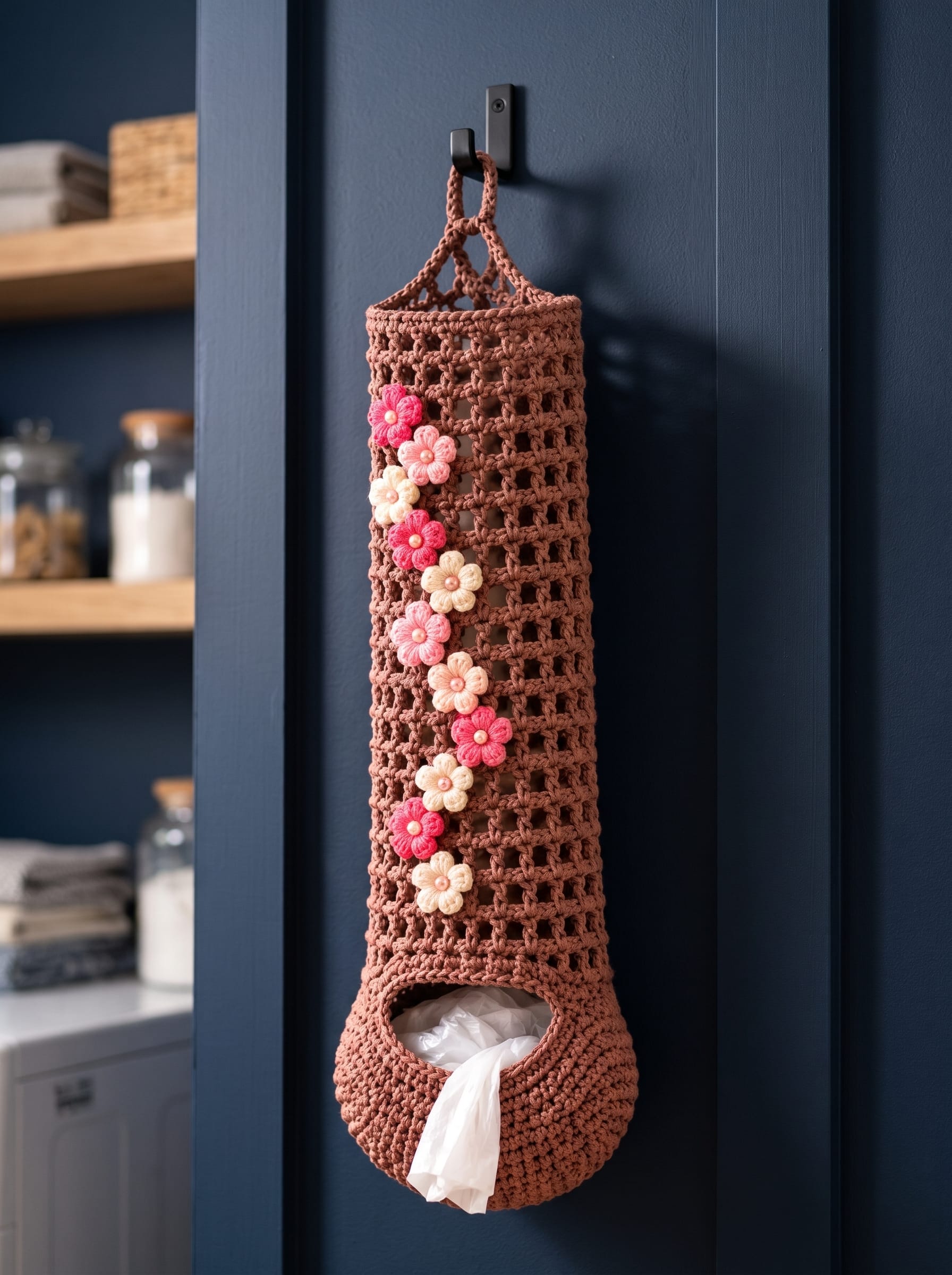 Crochet floral bag holder hanging in kitchen