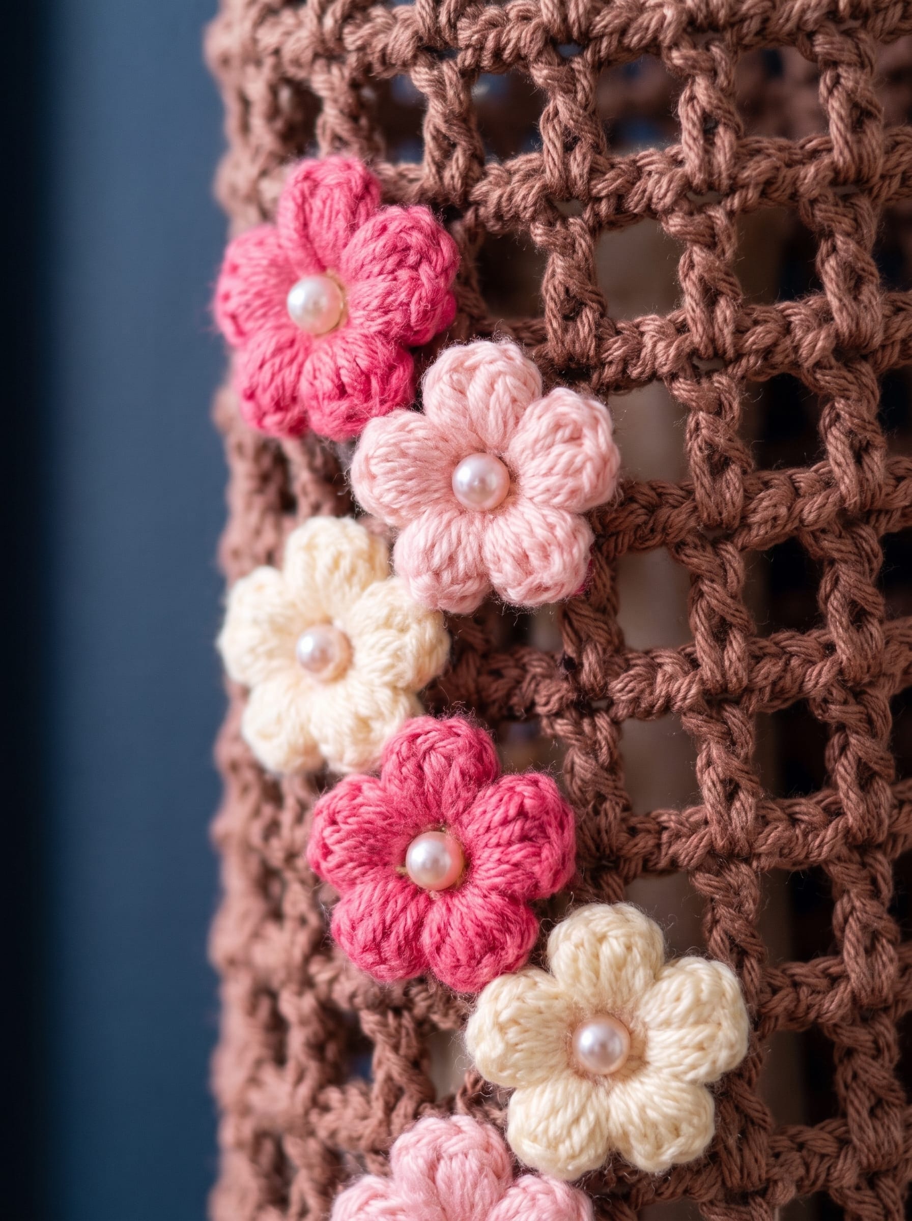 Floral crochet plastic bag holder hanging in kitchen
