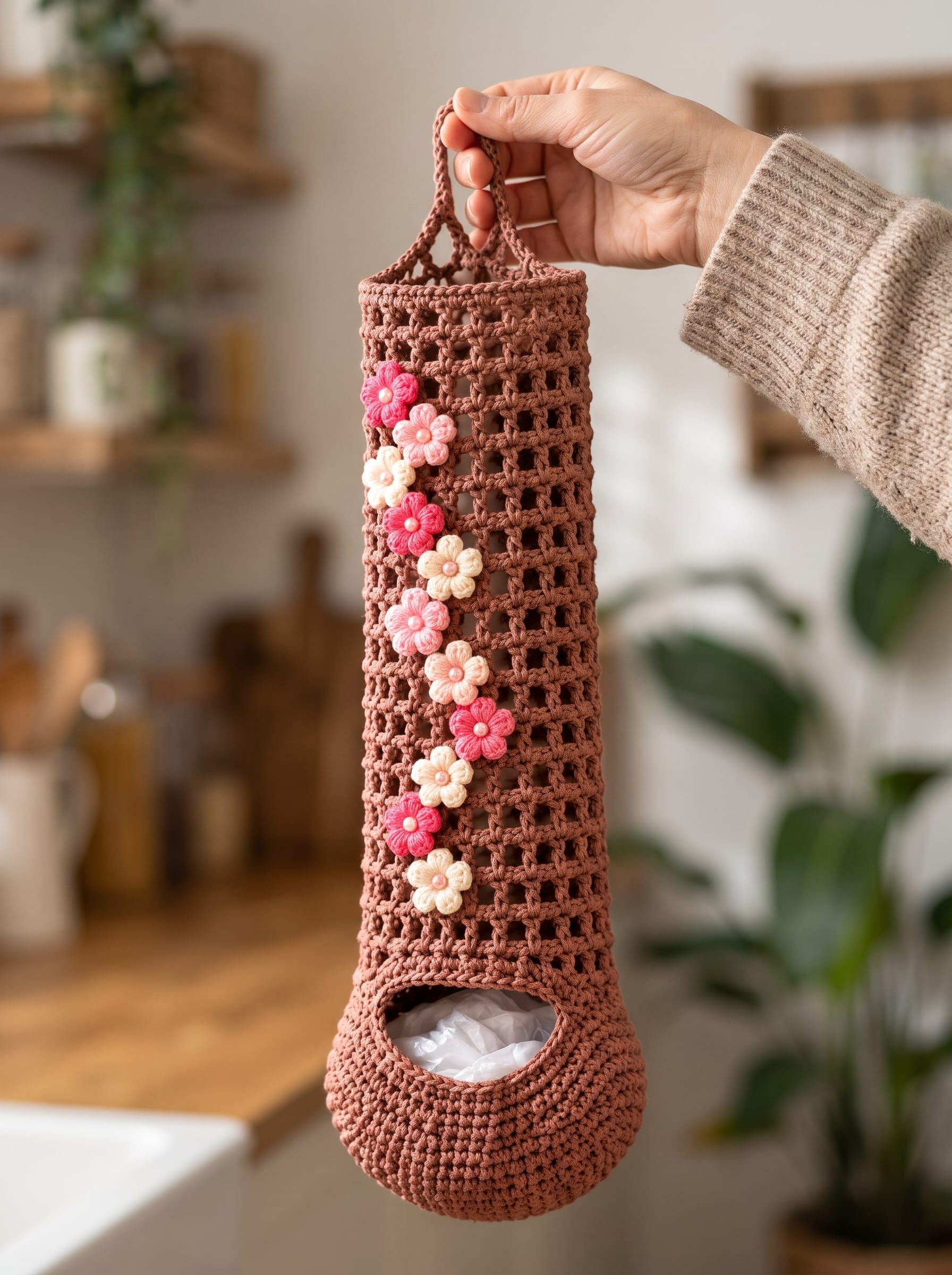 Crochet floral plastic bag holder hanging