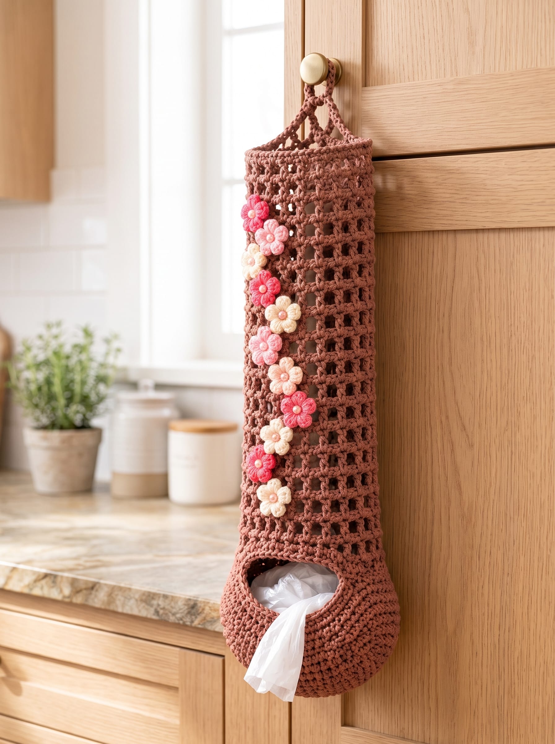 Close-up of crochet flower detail on bag dispenser