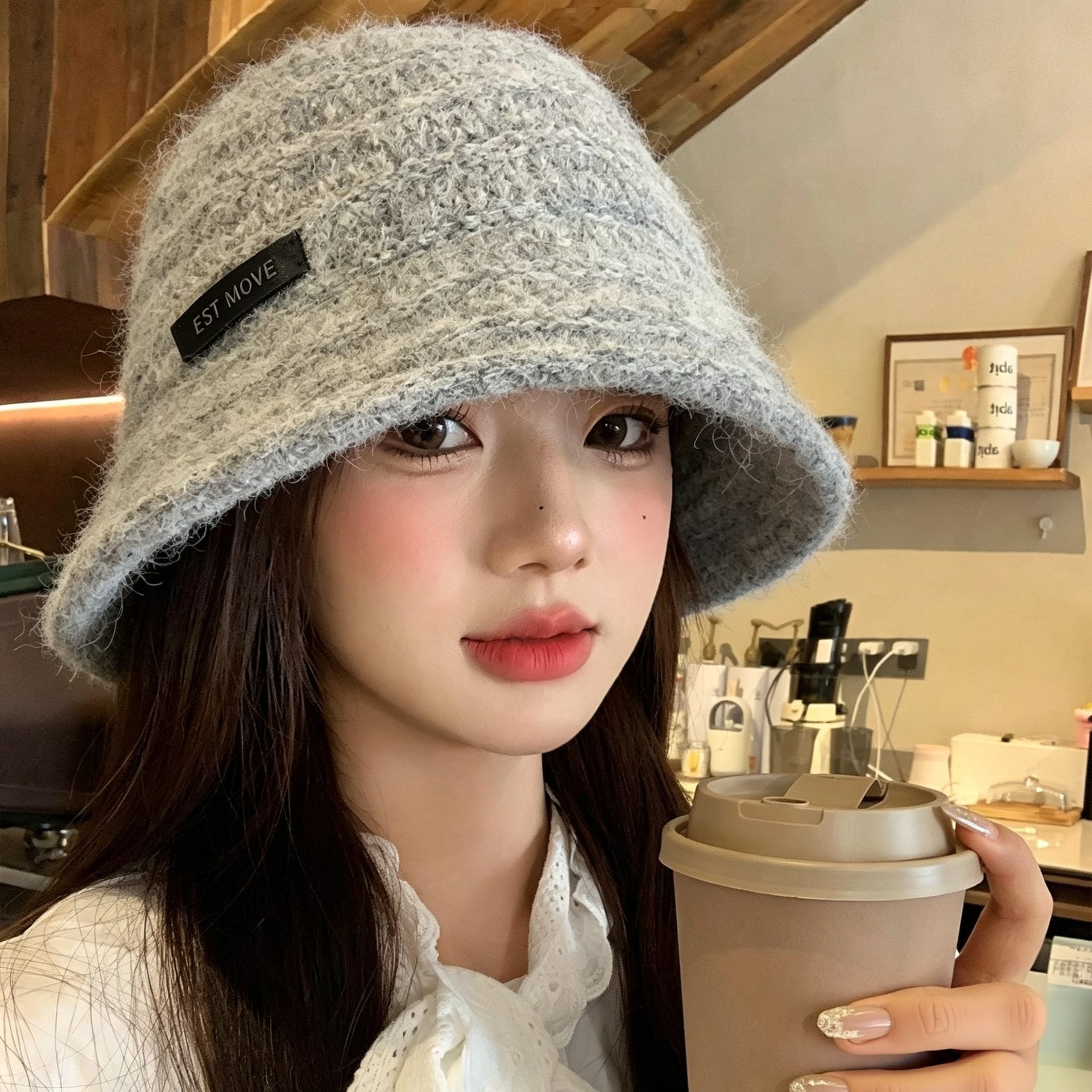 Child smiling with colorful knitted bucket hat in winter